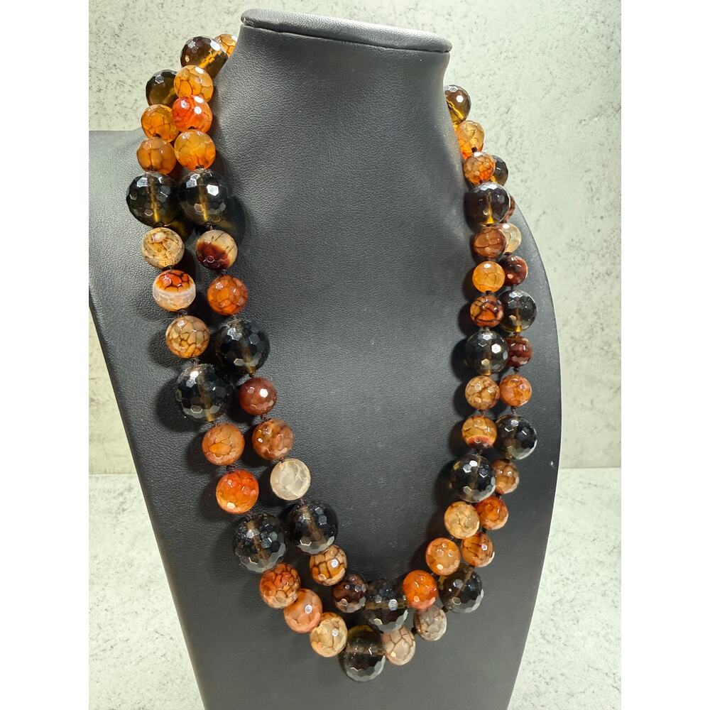 LP signed Dragon Vein Fire Agate double Faceted Gemstone Necklace Chunky Beads